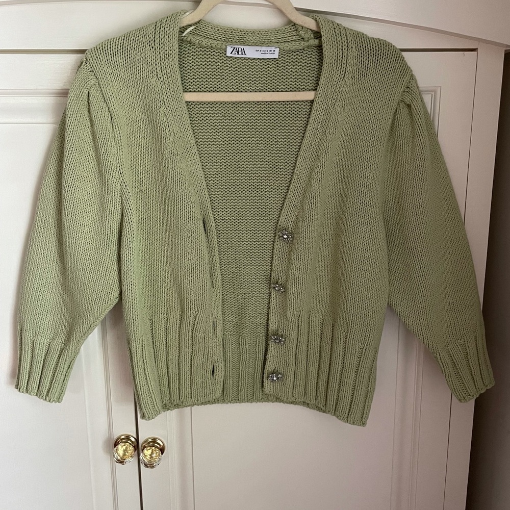 Zara Pale Green Knit Sweater with Jewels Size M